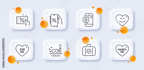 Ask me, Weather phone and Smile chat line icons pack. 3d glass buttons with blurred circles. Scuba diving, Discount coupon, Discounts app web icon. Marry me, Carry-on baggage pictogram. Vector
