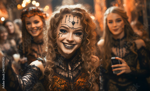 Girls taking a selfie at a Halloween costume party. Young caucasian woman with Halloween Make up at a teenagers party. Generative ai