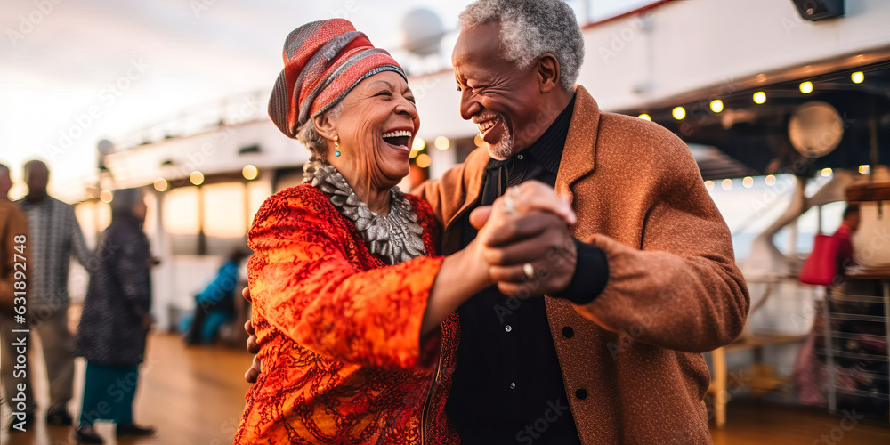 Exhilarating depiction of a joyful senior couple dancing on a cruise ship deck, their laughter in sync with shared happiness against an ocean backdrop. Generative AI - obrazy, fototapety, plakaty 