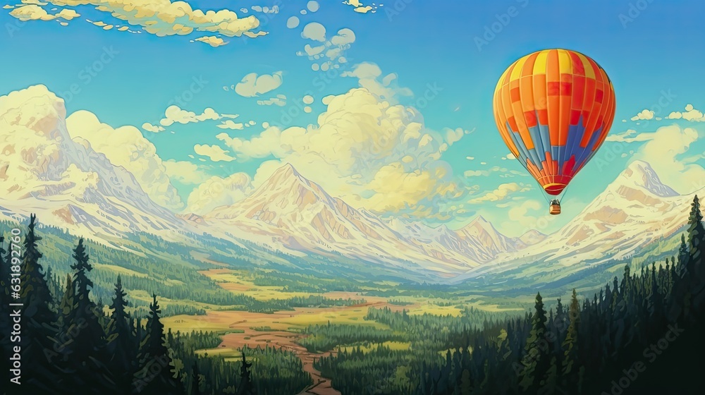 Obraz premium A air balloon over mountain landscape. Climbing view of a lush green valley on summer sunny day. The concept of motivation and inspiration for an active summer holiday. Illustration for design.