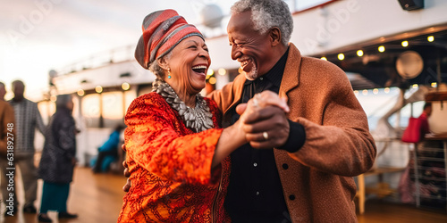 Exhilarating depiction of a joyful senior couple dancing on a cruise ship deck, their laughter in sync with shared happiness against an ocean backdrop. Generative AI