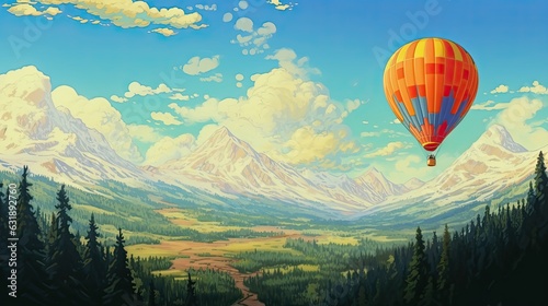 A air balloon over mountain landscape. Climbing view of a lush green valley on summer sunny day. The concept of motivation and inspiration for an active summer holiday. Illustration for design.