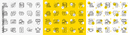 Outline Yoga, Recruitment and Warning line icons pack for web with Shopping, Startup rocket, Smile face line icon. Approved checklist, Approved document, Consulting pictogram icon. Vector