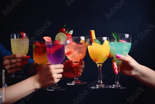 People hands toasting multicolored fancy drinks