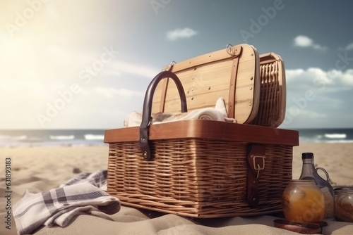Picnic basket on sunny beach. Picnic background, AI generated
