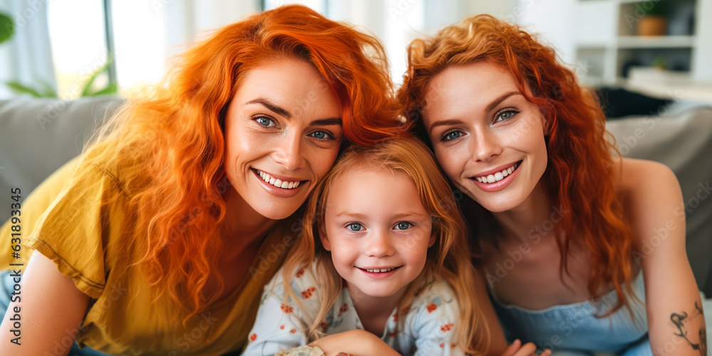 Charming European LGBTQIA couple with blonde daughter, enjoying a cozy picnic in living room. Displaying family love, happiness and confident domestic lifestyle. Generative AI Charming European LGBTQIA couple with blonde daughter, enjoying a cozy picnic in living room. Displaying family love, happiness and confident domestic lifestyle. Generative AI