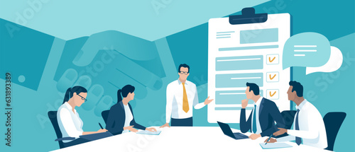 Agreement, deal. Teams of office workers sit at a conference table and negotiate an agreement. Background hand shake. Vector illustration.
