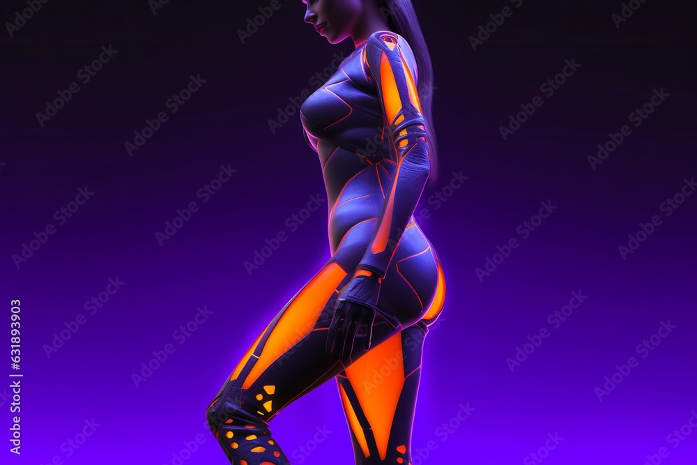 3D Illustration of a female figure in a futuristic costume on a dark blue background. Generative AI. 3D Illustration of a female figure in a futuristic costume on a dark blue background. Generative AI.