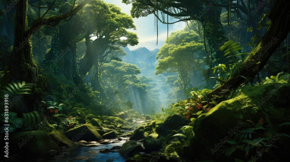 A rainforest backdrop with towering trees and lush undergrowth.