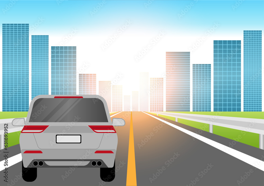 Car Driving along Highway or Asphalt Road to the City. Vector Illustration. 