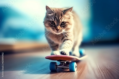 Beautiful cat with skateboard on the wooden floor. Toned. Generative AI. photo