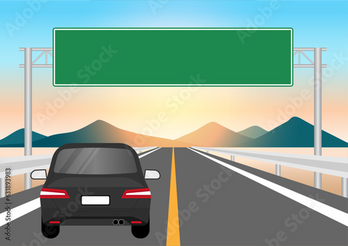 Car Driving along Highway or Asphalt Road with Traffic Sign. Vector Illustration. 