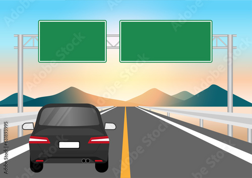 Car Driving along Highway or Asphalt Road with Traffic Sign. Vector Illustration. 