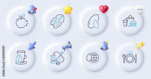 Food, Food delivery and Overeating pills line icons. Buttons with 3d bell, chat speech, cursor. Pack of World water, Pecan nut, Coffee cup icon. Peanut pictogram. For web app, printing. Vector