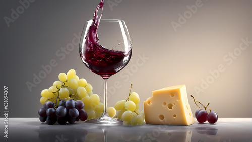 Weinglas mit Rotwein, Weiße und rote Weintrauben liegen. Käsewürfel. ki generiert photo