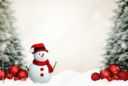 Christmas card design with snowman and fir tree with red Christmas balls © Veniamin Kraskov