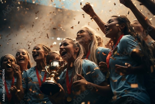 Fototapeta Women's Football Team Celebrating World Championship Victory with Trophy
