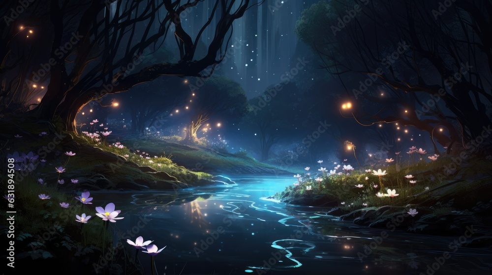 A moonlit night illuminated by glowing moonflowers and fireflies.