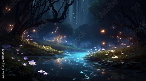 A moonlit night illuminated by glowing moonflowers and fireflies. photo