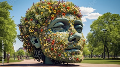 A city park transformed into an outdoor art gallery of floral sculptures.
