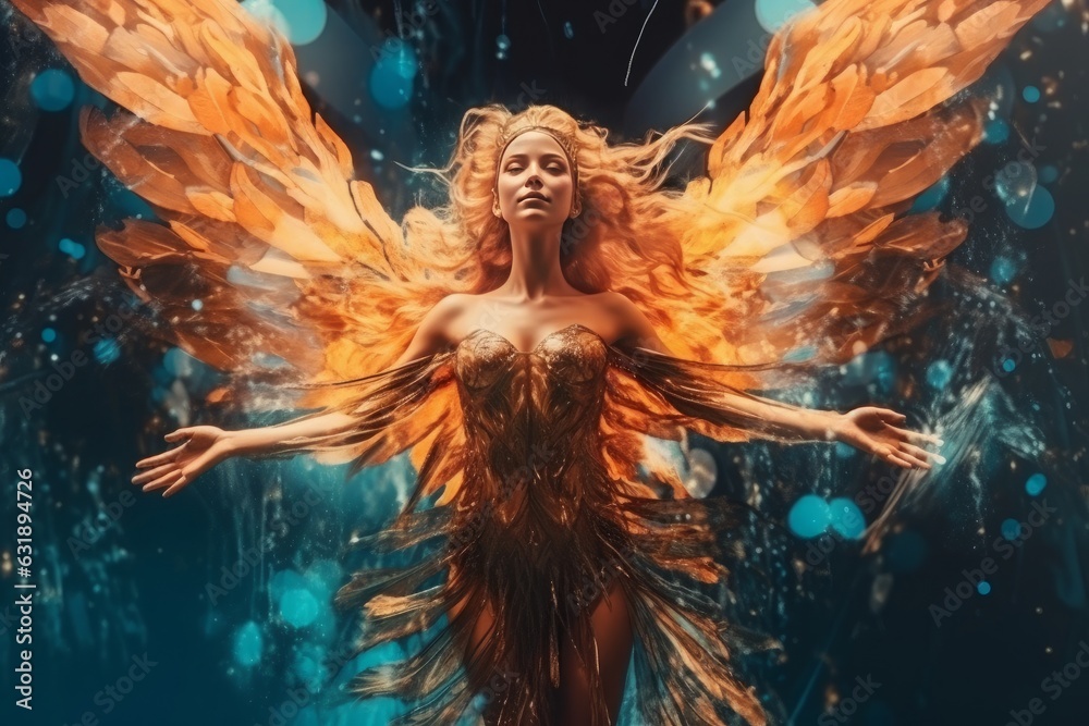 Beautiful woman with angel wings in fire and water drops on the background. Generative AI.