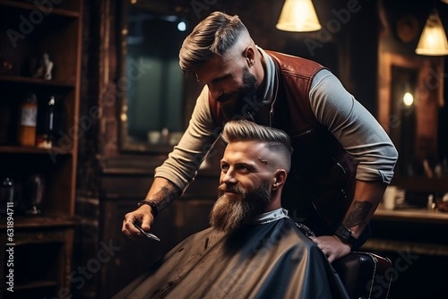Young handsome barber giving a stylish haircut to a charming bearded man at the barbershop.