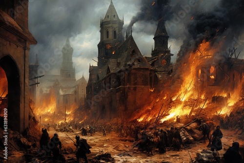 Medieval battle scene in a burning city. Generative AI.