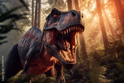 Dinosaur in the forest. Fantasy scene. 3d rendering. Generative AI. © Татьяна Петрова