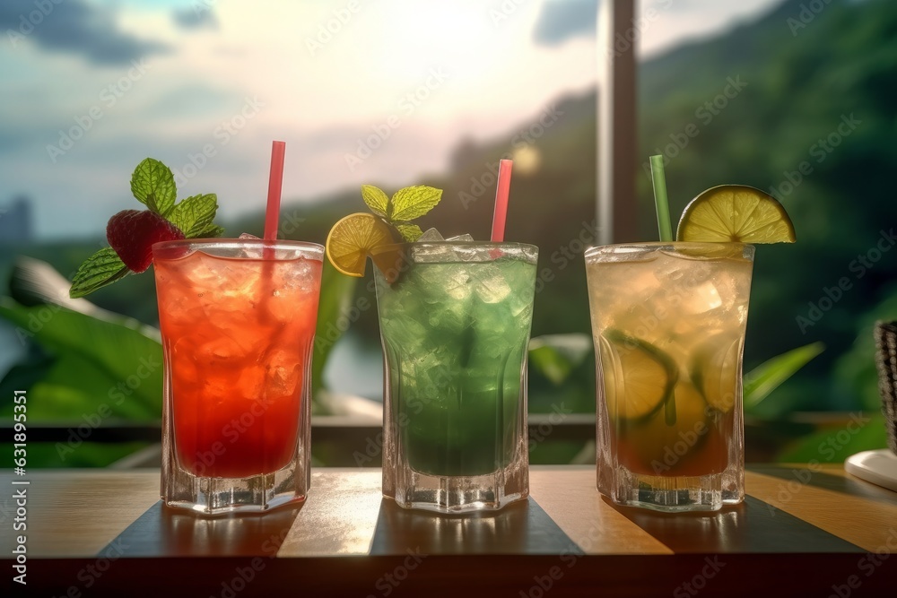 Three glasses of cocktails with lime and mint on the bar table. Generative AI. Three glasses of cocktails with lime and mint on the bar table. Generative AI.