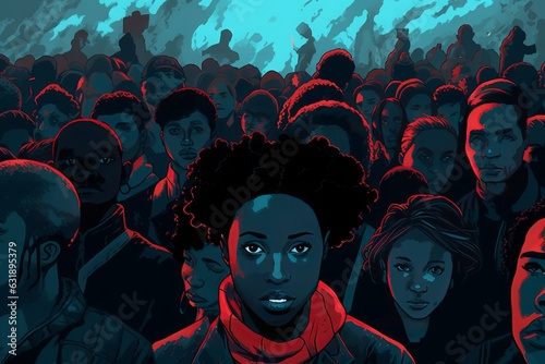 Portrait of an African American woman surrounded by crowd of people. Generative AI.