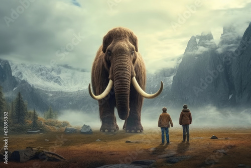 Illustration of a two man and a big mammoth in the mountains. Generative AI.
