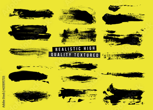 Realistic High quality textured Brush strokes bundle. Paintbrush circle frames. Round grunge black elements. Rectangle, square and burst text boxes. Dirty distress texture banners. Ink splatters.