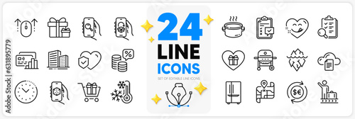 Icons set of Freezing, Time management and Romantic gift line icons pack for app with 3d app, Swipe up, Checklist thin outline icon. Refrigerator, Gas grill, Money currency pictogram. Vector