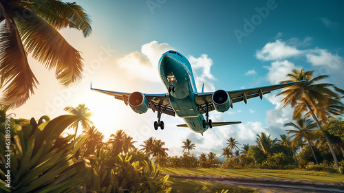 passenger plane takes off from an exotic tropical airfield between palm trees, rest in the warmth of tourism © kichigin19