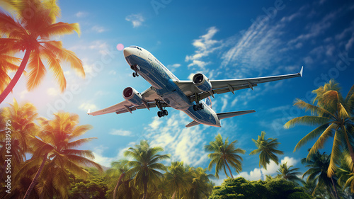 passenger plane takes off from an exotic tropical airfield between palm trees, rest in the warmth of tourism