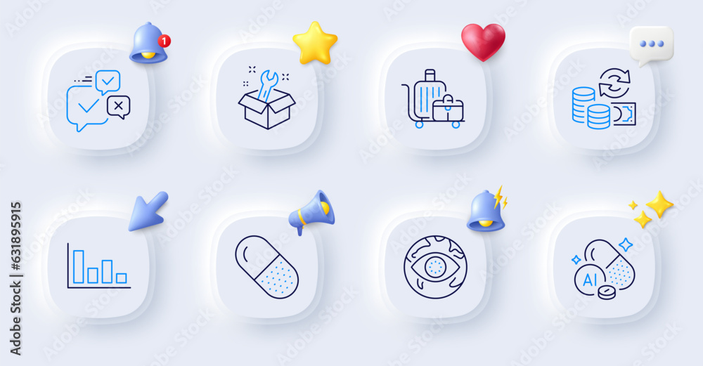 Change money, Baggage cart and Capsule pill line icons. Buttons with 3d bell, chat speech, cursor. Pack of Online voting, Cyber attack, Spanner icon. Aluminium mineral, Histogram pictogram. Vector Change money, Baggage cart and Capsule pill line icons. Buttons with 3d bell, chat speech, cursor. Pack of Online voting, Cyber attack, Spanner icon. Aluminium mineral, Histogram pictogram. Vector