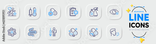 Coronavirus report, Cough and Patient line icons for web app. Pack of Copper mineral, Thermometer, Vaccination announcement pictogram icons. Intestine, Coronavirus, Magnesium mineral signs. Vector