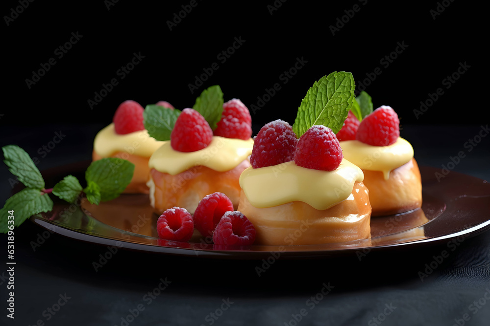 custard buns decorated with fresh raspberries and mint on a brown plate on black background. dessert menu. custard buns decorated with fresh raspberries and mint on a brown plate on black background. dessert menu.