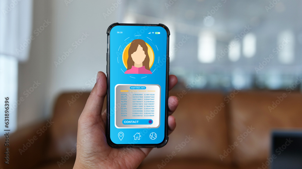 Step into the future workplace with captivating UX/UI application, efficiently checking office staff's personal information. Embrace digital innovation. Business human resources and Technology concept