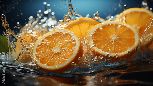 Ripe oranges in splashes of water on a dark background.