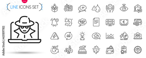 Pack of Reminder, Safe time and Bid offer line icons. Include Wallet money, Quick tips, Like pictogram icons. Lightning bolt, Star, Fraud signs. Document, Trade infochart, Waterproof. Vector