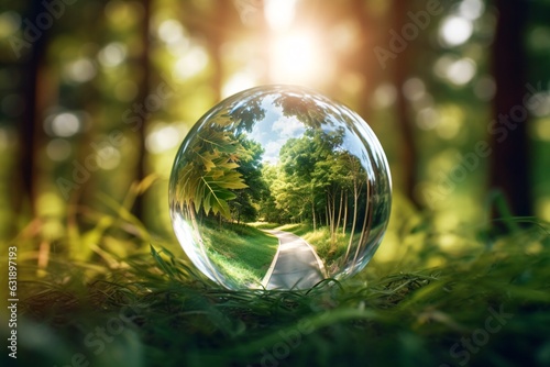 Glass globe on green forest background. Eco concept. . Transformative power. Gossy globe in green grass.
