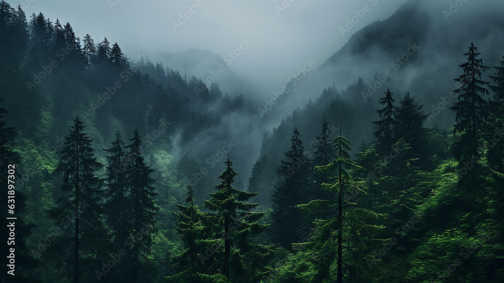 Obraz premium misty autumn coniferous evergreen forest in the mountains nature landscape panoramic view