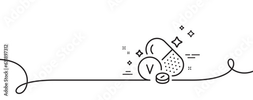 Vanadium mineral line icon. Continuous one line with curl. Chemical element V sign. Capsule or pill symbol. Vanadium mineral single outline ribbon. Loop curve pattern. Vector