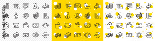 Set of Banking, Wallet and Coins icons. Money line icons. Credit card, Currency exchange and Cashback money service. Euro and Dollar, Cash wallet, exchange. Banking credit card, atm payment. Vector