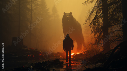 Fotografie, Obraz werewolf silhouette fear horror in the forest ghoul ancient horror fairy tale be