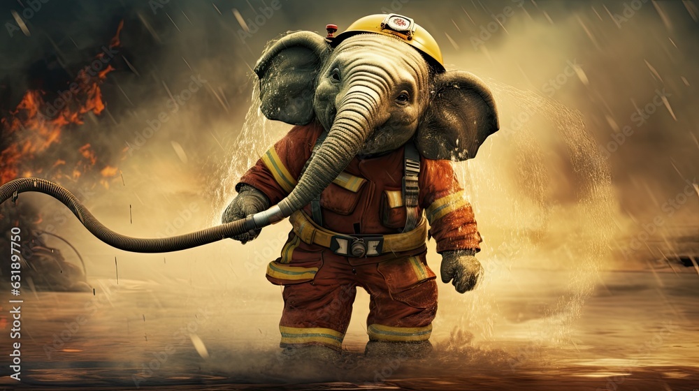 A firefighter elephant with a hose. A firefighter elephant with a hose.