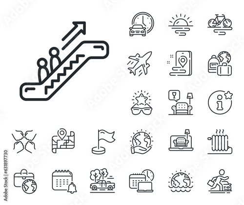 Elevator sign. Plane jet, travel map and baggage claim outline icons. Escalator line icon. Shopping stairway symbol. Escalator line sign. Car rental, taxi transport icon. Place location. Vector