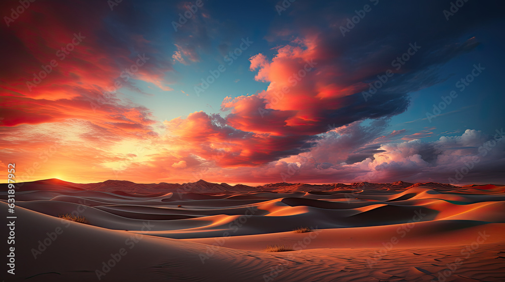 Desert landscape at sunset, under vibrant colored sky