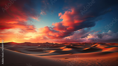 Desert landscape at sunset, under vibrant colored sky